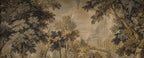 Papier peint panoramique Verdure au château, tapisserie ancienne : vue du motif, feuillages de verdure, étang et château dans le lointain, tons sépia et vert-de-gris