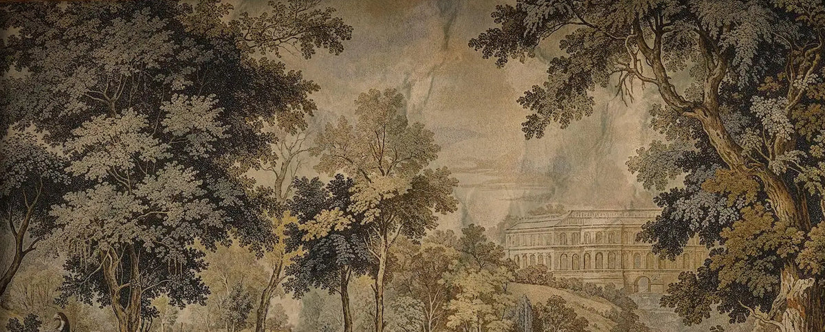 Papier peint panoramique Verdure au château, tapisserie ancienne : vue du motif, feuillages de verdure, étang et château dans le lointain, tons sépia et vert-de-gris