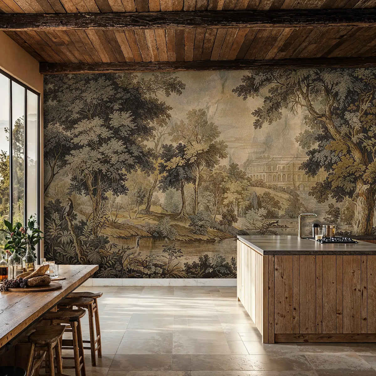 Papier peint panoramique Verdure au château, tapisserie ancienne : verdure au château façon tapisserie ancienne dans une cuisine aux poutres en bois