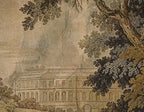 Papier peint panoramique Verdure au château, tapisserie ancienne : détail du motif, façade du château entre les arbres