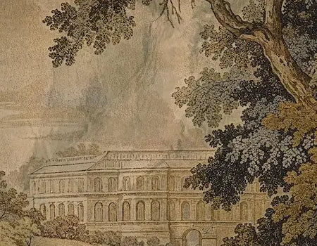 Papier peint panoramique Verdure au château, tapisserie ancienne : détail du motif, façade du château entre les arbres
