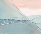 Papier peint effet dégradé aquarelle bleu brume et pêche : détail de la matière, aquarelle bleu brume et pêche