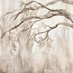 Papier peint panoramique Branches retombantes aquarelle sépia : vue du motif, grandes branches et feuilles à l'aquarelle sépia sur fond crème délavé