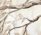 Papier peint panoramique Branches retombantes aquarelle sépia : détail du motif, branche et feuilles à l'aquarelle sépia