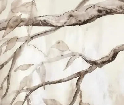 Papier peint panoramique Branches retombantes aquarelle sépia : détail du motif, branche et feuilles à l'aquarelle sépia