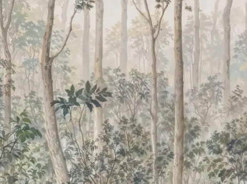 Papier peint panoramique Haute futaie peinte vert-de-gris : détail du motif, sous-bois et troncs clairs