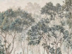 Papier peint panoramique Haute futaie peinte vert-de-gris : détail du motif, cimes et feuillages vert-de-gris