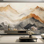 Papier peint panoramique Montagnes aquarelle ocre et ardoise : montagnes aquarelle ocre et ardoise au-dessus d'un meuble bas