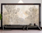 Papier peint panoramique Paysage ancien terre d'ombre : arbres et lac au pied des montagnes en brun et crème, posé derrière un meuble TV