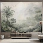 Papier peint panoramique Palmiers dans la brume : palmiers et montagnes dans la brume, camaïeu gris vert, vol d'oiseaux, posé dans un salon