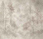 Papier peint panoramique Forêt aquarelle lin dans la brume : vue à plat, arbres fins et feuillages à l'aquarelle couleur lin, noyés dans la brume