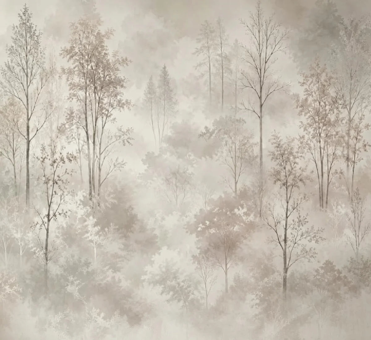 Papier peint panoramique Forêt aquarelle lin dans la brume : vue à plat, arbres fins et feuillages à l'aquarelle couleur lin, noyés dans la brume