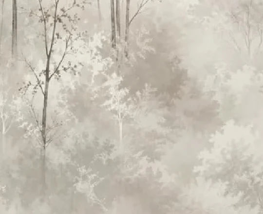 Papier peint panoramique Forêt aquarelle lin dans la brume : détail du motif, feuillages lin dans la brume