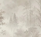 Papier peint panoramique Forêt aquarelle lin dans la brume : détail du motif, cimes et branches fines