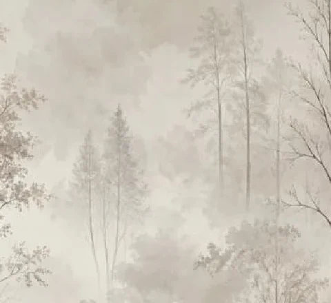 Papier peint panoramique Forêt aquarelle lin dans la brume : détail du motif, cimes et branches fines