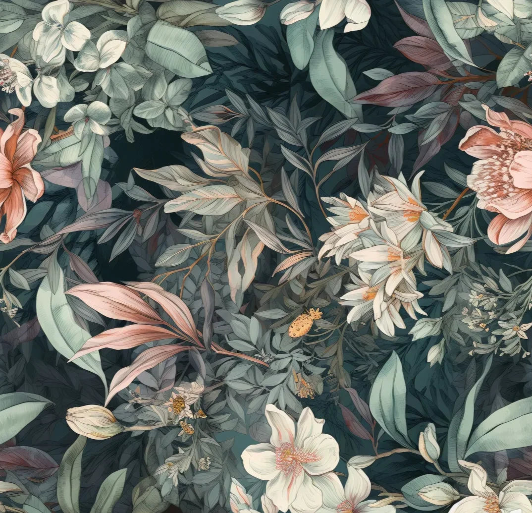 Papier peint panoramique Roses anciennes fond nuit : vue à plat du motif, fleurs rose pêche et feuillages sauge sur fond presque noir