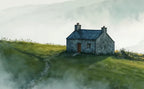 Papier peint panoramique Maison sur la colline dans la brume : détail du motif, maison de pierre sur la colline