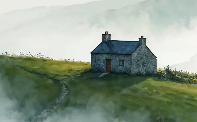 Papier peint panoramique Maison sur la colline dans la brume : détail du motif, maison de pierre sur la colline
