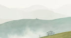 Papier peint panoramique Maison sur la colline dans la brume : détail du motif, collines vertes et nappes de brume