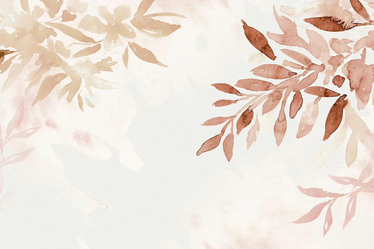 Papier peint panoramique Feuillages aquarelle terracotta : vue du motif, rameaux de feuilles à l'aquarelle terracotta et rose fané aux angles, centre clair
