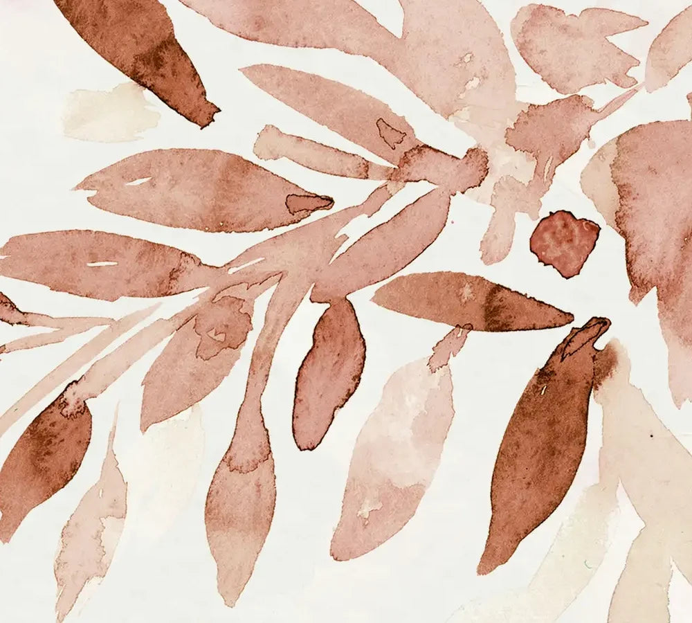 Papier peint panoramique Feuillages aquarelle terracotta : détail du motif, feuilles terracotta à l'aquarelle