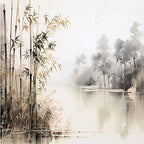 Papier peint panoramique Bambous et lac à l'encre sépia : vue du motif, bambous sépia au premier plan, arbres à l'encre grise et lac dans la brume