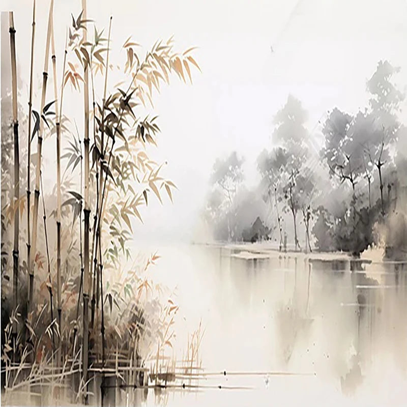 Papier peint panoramique Bambous et lac à l'encre sépia : vue du motif, bambous sépia au premier plan, arbres à l'encre grise et lac dans la brume