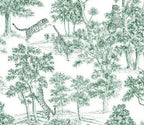 Papier peint panoramique Toile de Jouy aux tigres vert d'eau : détail du motif, tigres entre les arbres en vert d'eau