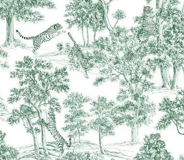 Papier peint panoramique Toile de Jouy aux tigres vert d'eau : détail du motif, tigres entre les arbres en vert d'eau