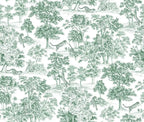 Papier peint panoramique Toile de Jouy aux tigres vert d'eau : vue du motif, arbres et tigres dessinés en vert d'eau sur fond blanc