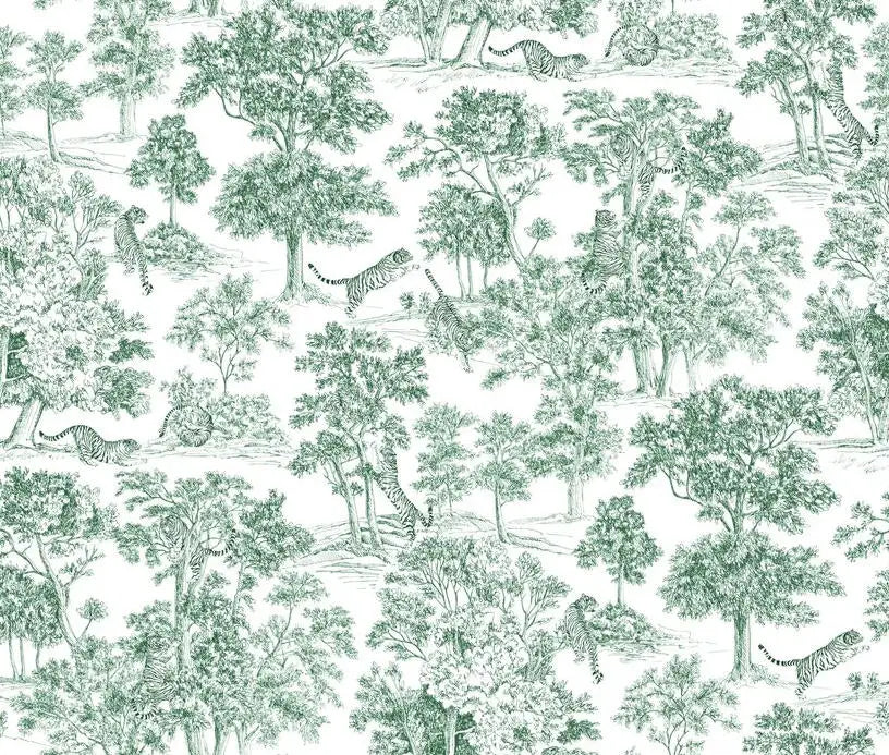 Papier peint panoramique Toile de Jouy aux tigres vert d'eau : vue du motif, arbres et tigres dessinés en vert d'eau sur fond blanc