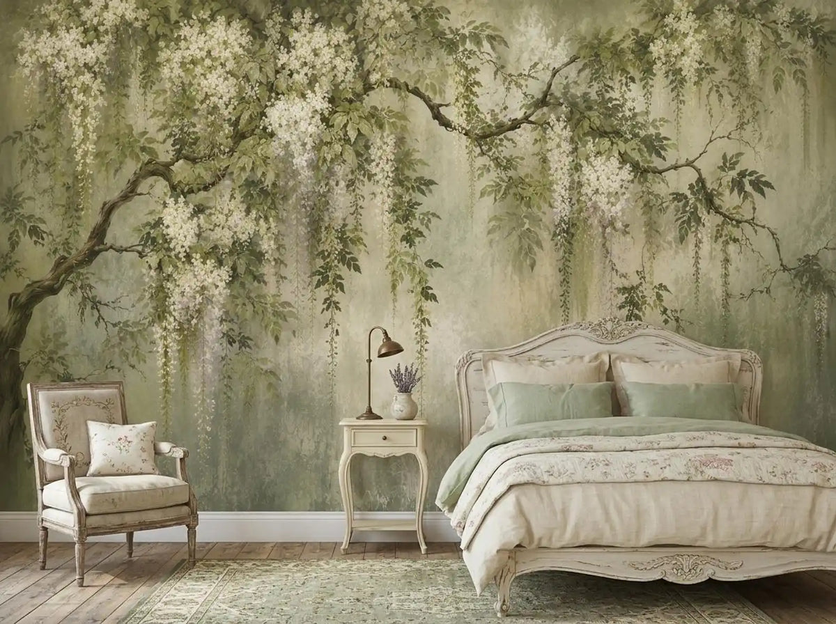 Papier peint panoramique Grand arbre fleuri vert sauge : grand arbre aux grappes de fleurs blanches, peint sur fond vert sauge patiné, posé dans une chambre