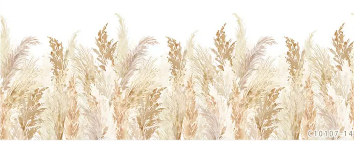 Papier peint panoramique Pampas et roseaux sable : vue à plat du motif, herbes de la pampa et roseaux beige et sable sur fond crème