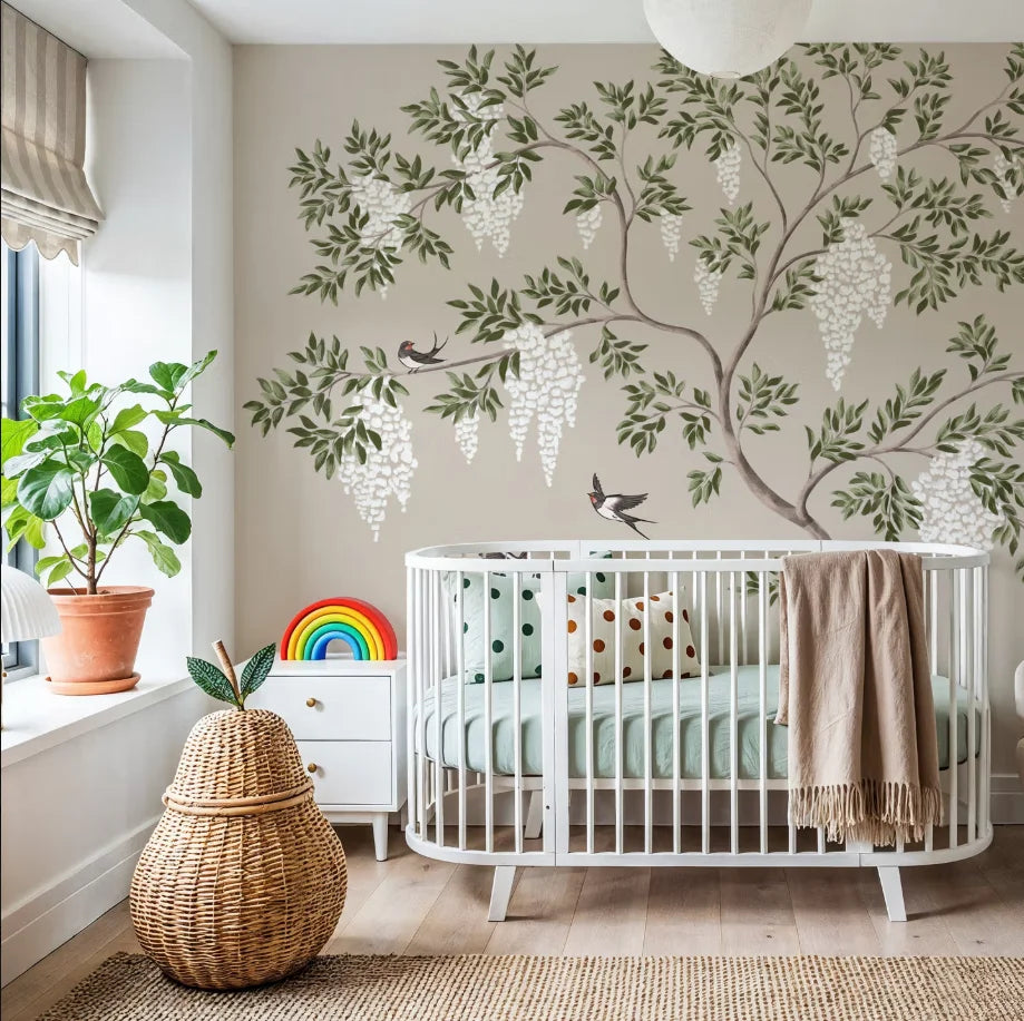 Papier peint panoramique Glycine et hirondelles lin : arbre de glycine blanche et hirondelles sur fond lin, posé dans une chambre de bébé