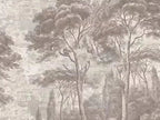 Papier peint panoramique Forêt de pins gravée taupe : détail du motif, feuillages gravés en taupe