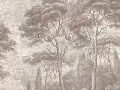 Papier peint panoramique Forêt de pins gravée taupe : détail du motif, feuillages gravés en taupe