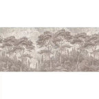 Papier peint panoramique Forêt de pins gravée taupe : vue d'ensemble du motif, pins parasols et cyprès gravés en taupe sur fond patiné