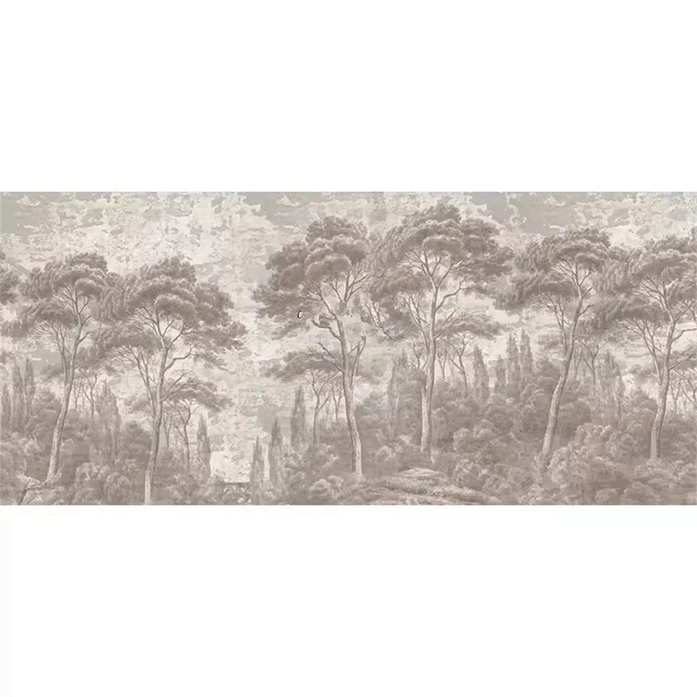 Papier peint panoramique Forêt de pins gravée taupe : vue d'ensemble du motif, pins parasols et cyprès gravés en taupe sur fond patiné