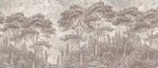Papier peint panoramique Forêt de pins gravée taupe : vue du motif, pins parasols et cyprès gravés en taupe sur fond patiné