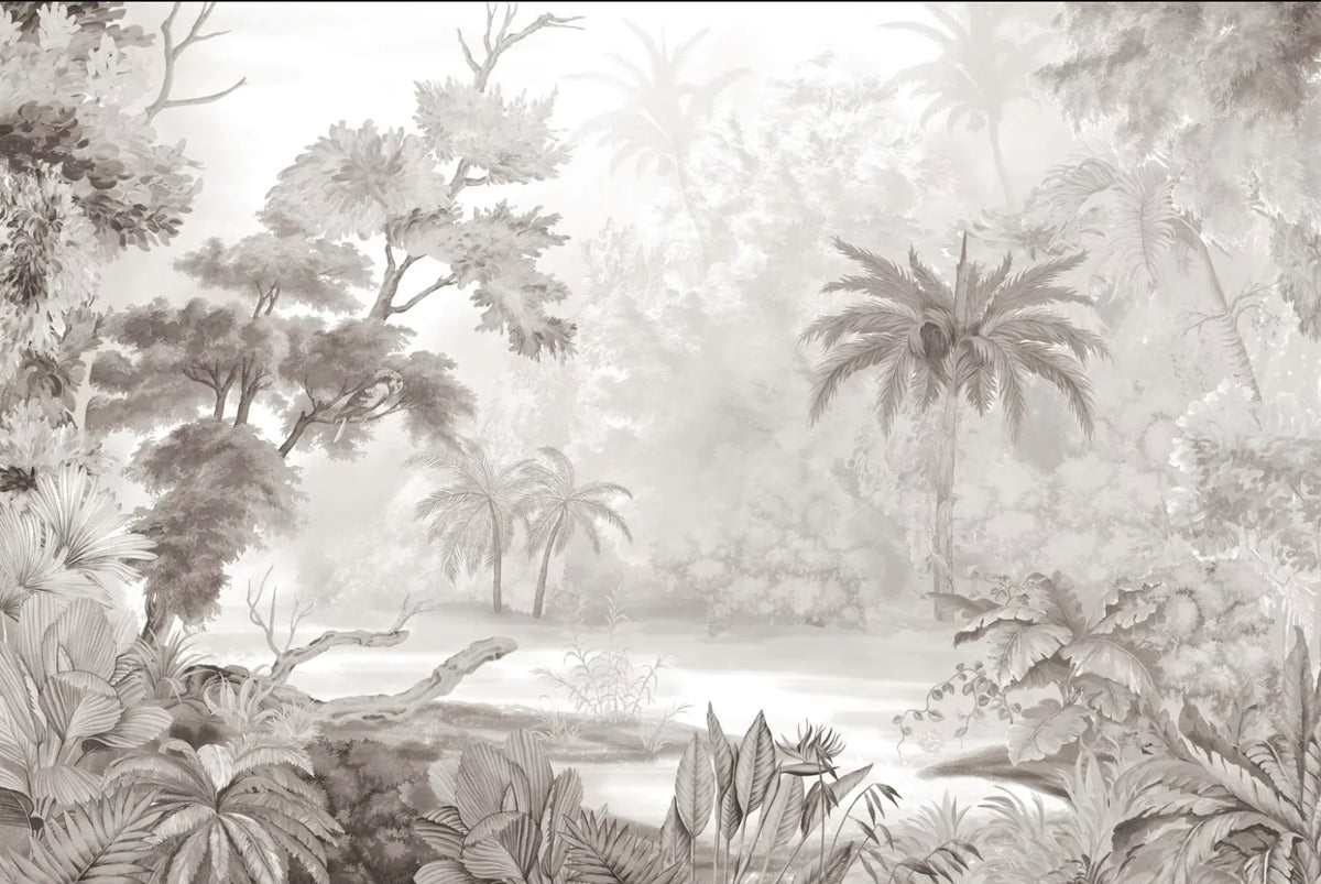 Papier peint panoramique Jungle gravée sépia autour de l'étang : vue à plat, palmiers, fougères et grands arbres gravés en sépia autour d'un étang