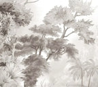 Papier peint panoramique Jungle gravée sépia autour de l'étang : détail du motif, grand arbre et fougères gravés