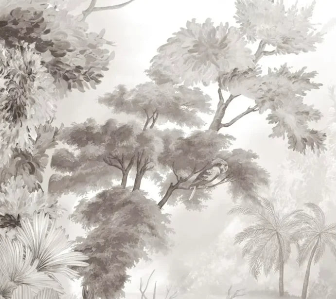 Papier peint panoramique Jungle gravée sépia autour de l'étang : détail du motif, grand arbre et fougères gravés