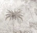 Papier peint panoramique Jungle gravée sépia autour de l'étang : détail du motif, palmier et étang