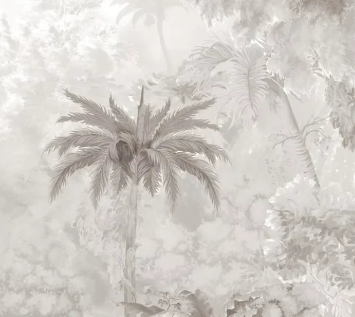 Papier peint panoramique Jungle gravée sépia autour de l'étang : détail du motif, palmier et étang