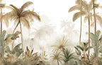 Papier peint panoramique Palmiers peints sépia : vue élargie du motif, palmiers sépia et sous-bois tropical sur fond crème