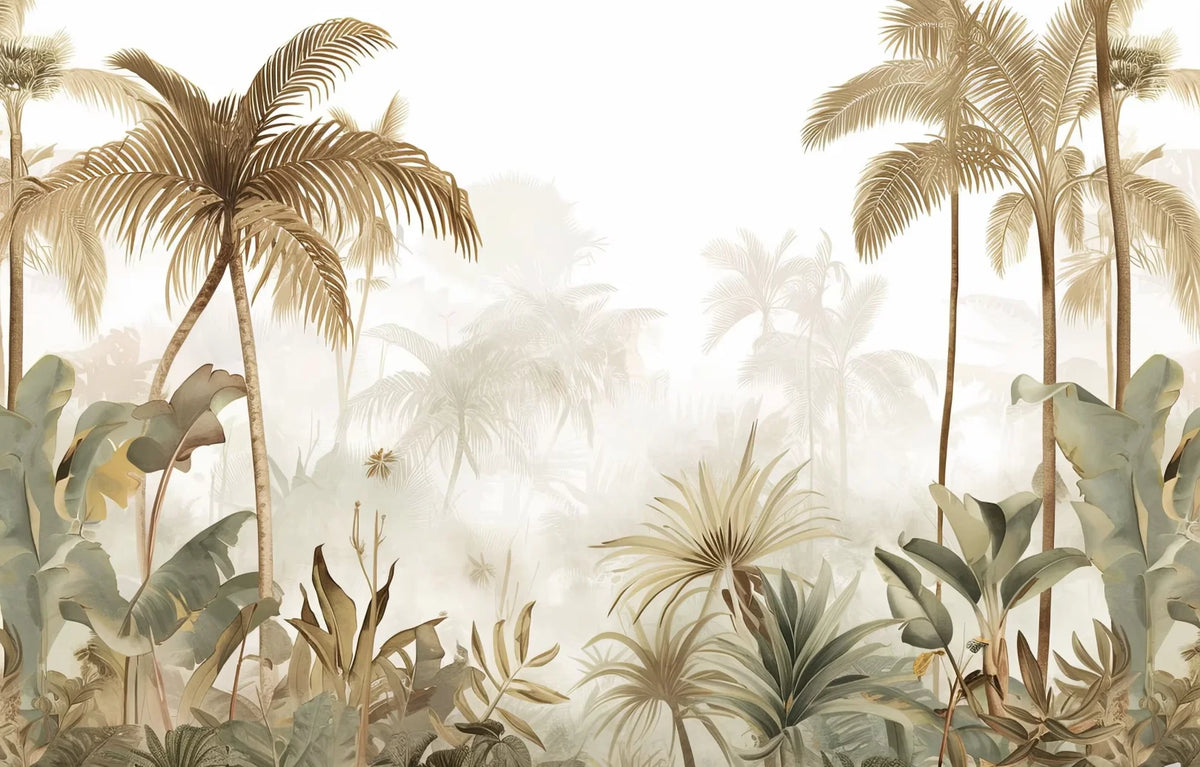 Papier peint panoramique Palmiers peints sépia : vue élargie du motif, palmiers sépia et sous-bois tropical sur fond crème