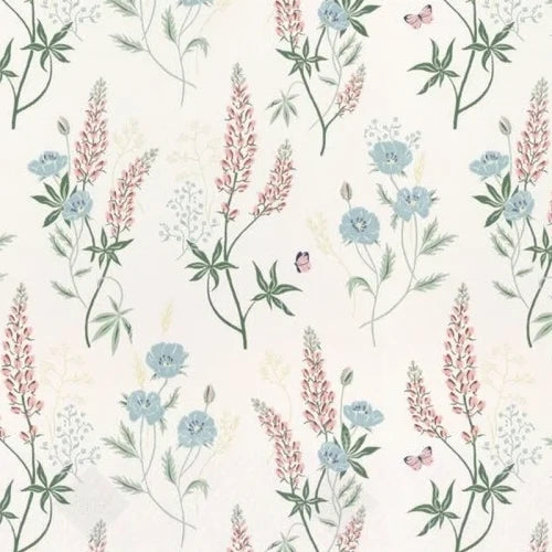 Papier peint panoramique Lupins et fleurs des prés : détail du motif, lupin et fleurs bleues
