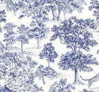 Papier peint panoramique Toile de Jouy aux tigres bleu marine : détail du motif, tigres dans les bosquets