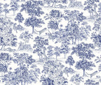 Papier peint panoramique Toile de Jouy aux tigres bleu marine : vue à plat, arbres et tigres gravés en bleu marine sur fond blanc