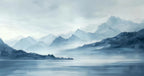 Papier peint panoramique Lac et montagnes bleu ardoise, aquarelle : vue à plat, lac calme au pied de montagnes bleu ardoise, ciel nuageux clair